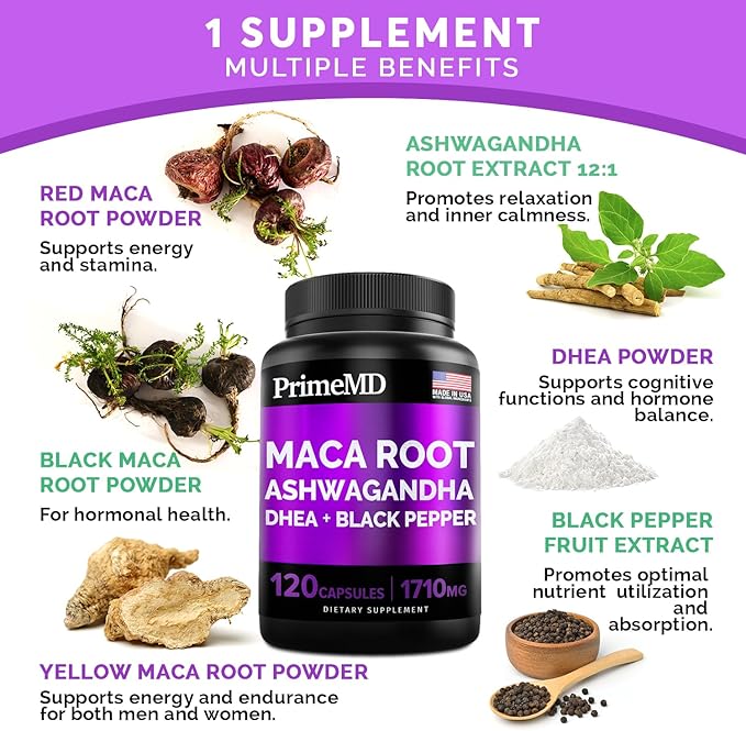4-in-1 Liquid Biotin Collagen Keratin Saw Palmetto Drops (2 fl oz - 2 Pack) &amp 6-in-1 Maca Root Ashwagandha w Black Pepper Fruit (120ct) Bundle - Hair Skin Nails Energy &amp Mood Support Supple