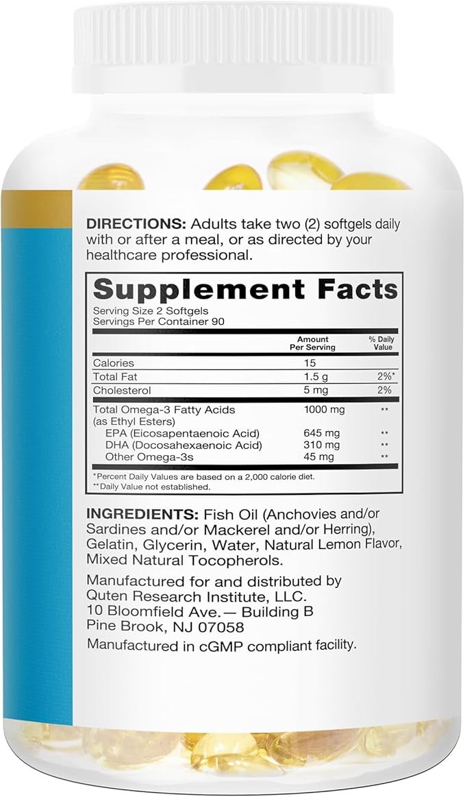 Qunol Fish Oil Omega 3 Mini Softgels 1000mg Omega 3 EPA + DHA Ultra Pure Supplements Heart Health Support Lemon Flavor Easy to Swallow Minis 3 Month Supply 180 Count