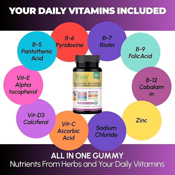 Black Seed Oil &amp Honey Gummies with Turmeric – 16-in-1 Supplement with Vitamins D3 B12 Biotin &amp Zinc –USDA Organic Halal Vegan Non-GMO 2% Thymoquinone 60 Gummies