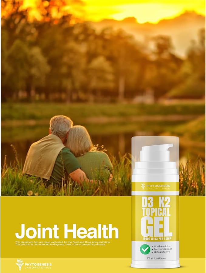 Vitamin D3 K2 Maximum Strength Topical Gel - 15000+ IU Per Pump - The Sunshine Vitamin - Supports Bone &amp Joint Health Immune Support - One Month Supply
