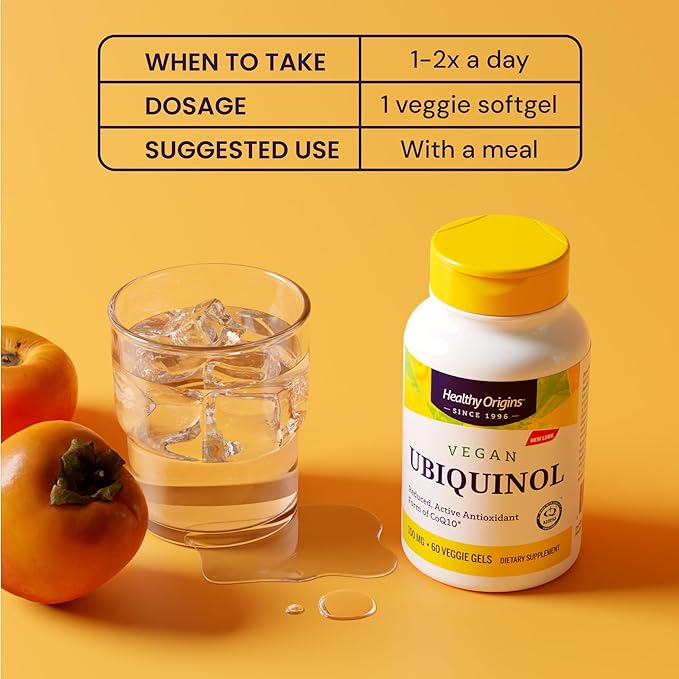 Healthy Origins Vegan Ubiquinol (Active Form of CoQ10) 100 mg - Kaneka Ubiquinol Supplements for Heart Health &amp Antioxidant Support - Gluten-Free &amp Non-GMO Supplement - 60 Veggie Gels