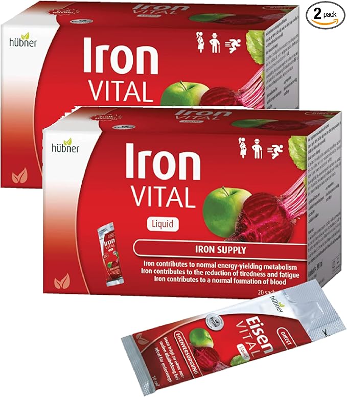 hübner Iron Vital Liquid Iron Supply Plus Vitamin C Dietary Supplement for Adults and Kids Vegan and Gluten-Free Fruit Flavor Box of 20 Packets 10 ml Each - 2 Pack (40 Packets)