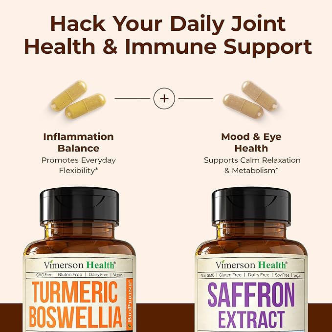 Boswellia Turmeric Curcumin Supplement + Pure Saffron Supplements for Women &amp Men Bundle – Supports Joint Health Mood &amp Calm Eye Health – with Ginger Root Organic Turmeric Powder Saffron E