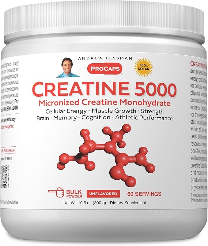 ANDREW LESSMAN Creatine 5000 Micronized Creatine Monohydrate. 60 Servings. Cellular Energy Muscle Strength &amp Growth. Brain Memory Cognition Athletic Performance. No Additives. Ultra-Pure Powder.