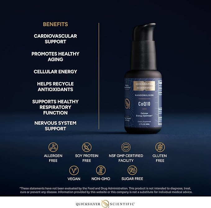 Quicksilver Scientific CoQ10 Nanoemulsion - Liposomal Coenzyme Q10 Cardiovascular Support &amp Cellular Energy Supplement - Fast Absorbing Liquid (1.7oz / 50ml)