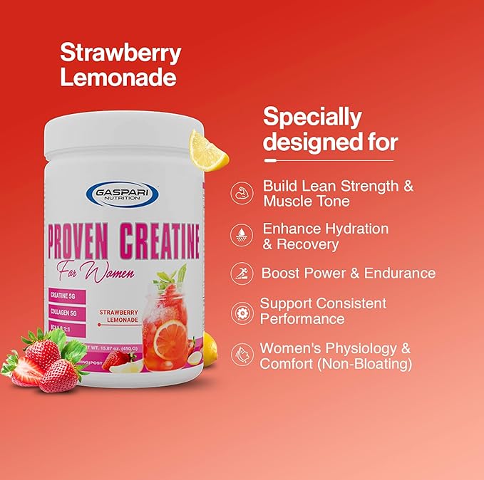 Gaspari Nutrition Proven Creatine for Women 5g of Creatine 5g of Collagen Vitamin C and Collagen Clean Natural Formula Electrolytes for Hydration (30 Servings Strawberry Lemonade)