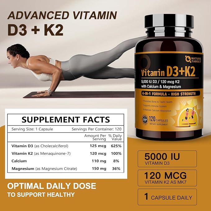 NATURE TARGET Bone &amp Heart Synergy Bundle — Vitamin D3 K2 + Triple Omega 3-6-9 Fish Oil with Calcium &amp Magnesium &amp Vitamin E Complete Daily Support for Bones Heart Brain &amp Immune He