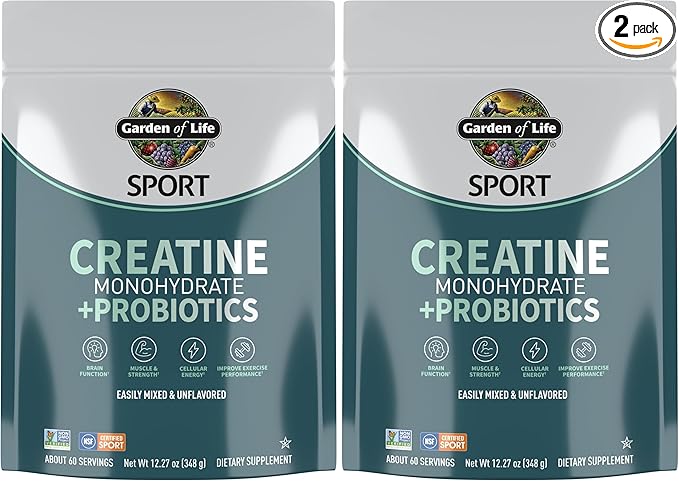 Garden of Life Creatine Monohydrate Powder for Women &amp Men Micronized Pre Workout with Probiotics for Muscle Strength Sport Amino Energy About 60 Easy to Mix Unflavored Servings (Pack of 2)