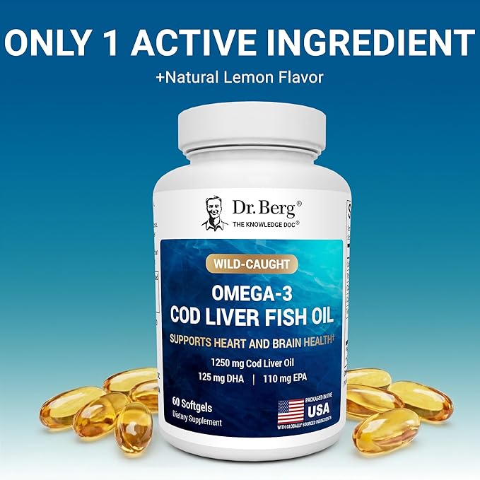 Dr. Berg Omega-3 Cod Liver Fish Oil 60 Softgels – Wild-Caught Icelandic Cod – Omega 3 EPA &amp DHA – Heart Brain Immune &amp Eye Support* – Lemon Flavor – 4X Lab-Tested – Non-GMO No Fillers