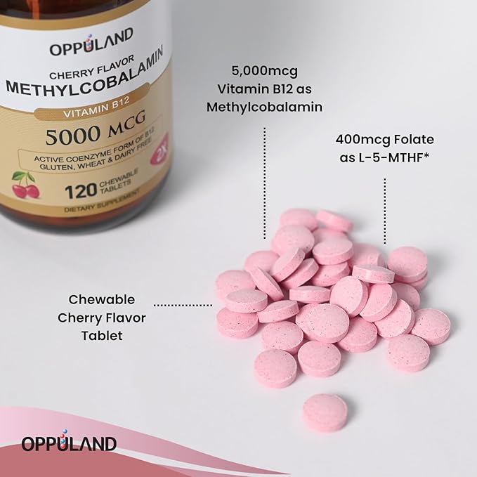 Methyl B-12 5000mcg Chewable with Folate - Vitamin B12 Methylcobalamin Sublingual Tablets - Supports Energy &amp Brain Function - Vegan Supplement - Cherry Flavor - 120 Count