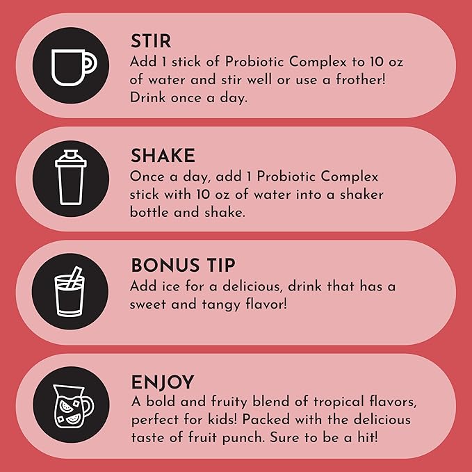 JUST INGREDIENTS Kids Probiotic Drink Mix - Fruit Punch Prebiotic &amp Postbiotic Gut &amp Immune Support