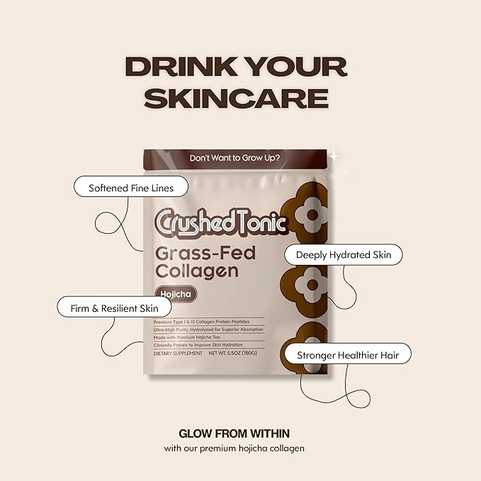 Crushed Tonic Bovine Collagen Powder Korean Beauty Drink with Hydrolyzed Collagen Peptides for Skin Hair &amp Nails | Gluten-Free Halal &amp Kosher (Hojicha 30 Servings (150 g) Pouch)