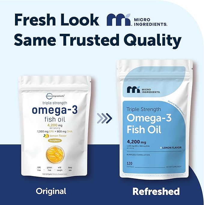 Micro Ingredients Triple Strength Omega 3 Fish Oil Supplements 4200mg Per Serving 120 Softgels – Lemon Flavored – Burpless | EPA 1200mg + DHA 900mg | Deep Sea Fish