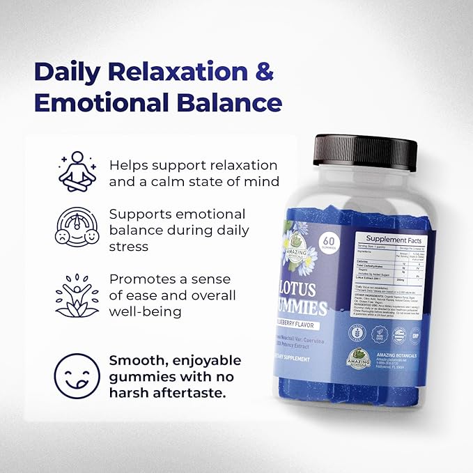 Amazing Botanicals Blueberry Lotus Flowers Gummies – Premium Relaxation &amp Calm Support – Vegan Non-GMO Gluten-Free Herbal Supplement 250MG - Berry Flavor (60 Count)