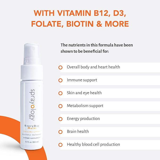 Sprayology Everyday Multi Spray | Daily Multivitamin Spray for Men Women &amp Kids (Ages 4+) | High-Absorption Formula with Vitamin B12 D3 Folate Biotin &amp More | Non-GMO | 26 Day Supply (1.7