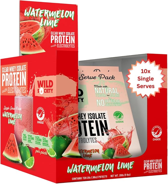 WILD SOCIETY - Clear Protein Powder + Electrolytes - 20g Clear Whey Protein Isolate Drink - Zero Sugar - 0g Lactose - Natural Ingredients - Travel Pack - 10x Singe Serves - Watermelon Lime