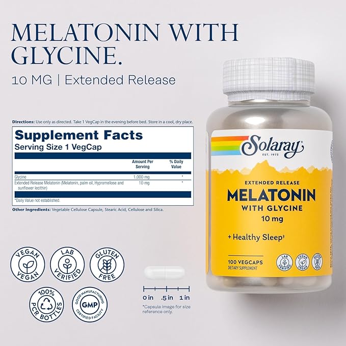 SOLARAY Melatonin 10mg with Glycine - Extended Release Healthy Sleep Aid and Calming Relaxation Support - Lab Verified Vegan Gluten Free 60-Day Guarantee - 100 Servings 100 VegCaps