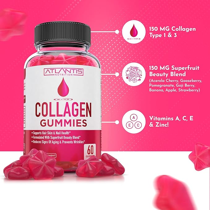 Atlantis Nutrition Collagen 60 Gummies + Sugar Free Prebiotic Fiber Gummies for Adults 2-Pack (120 Gummies)