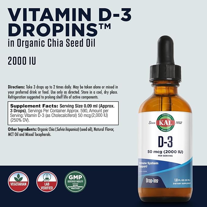 KAL Vitamin D3 2000 IU (50 mcg) DropIns - Liquid Vitamin D3 Drops - Bone Strength and Immune Support Supplement - Vegetarian 60-Day Guarantee Approx. 590 Servings 1.8oz