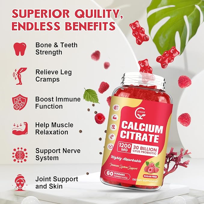 (3 Pack) Sugar Free Calcium Citrate Gummies 1200 mg with Vitamin d3 K2 Magnesium Zinc for Bone Muscle &amp Immune Support High Absorption Calcium Supplement for Women Raspberry Flavor 60 Chews
