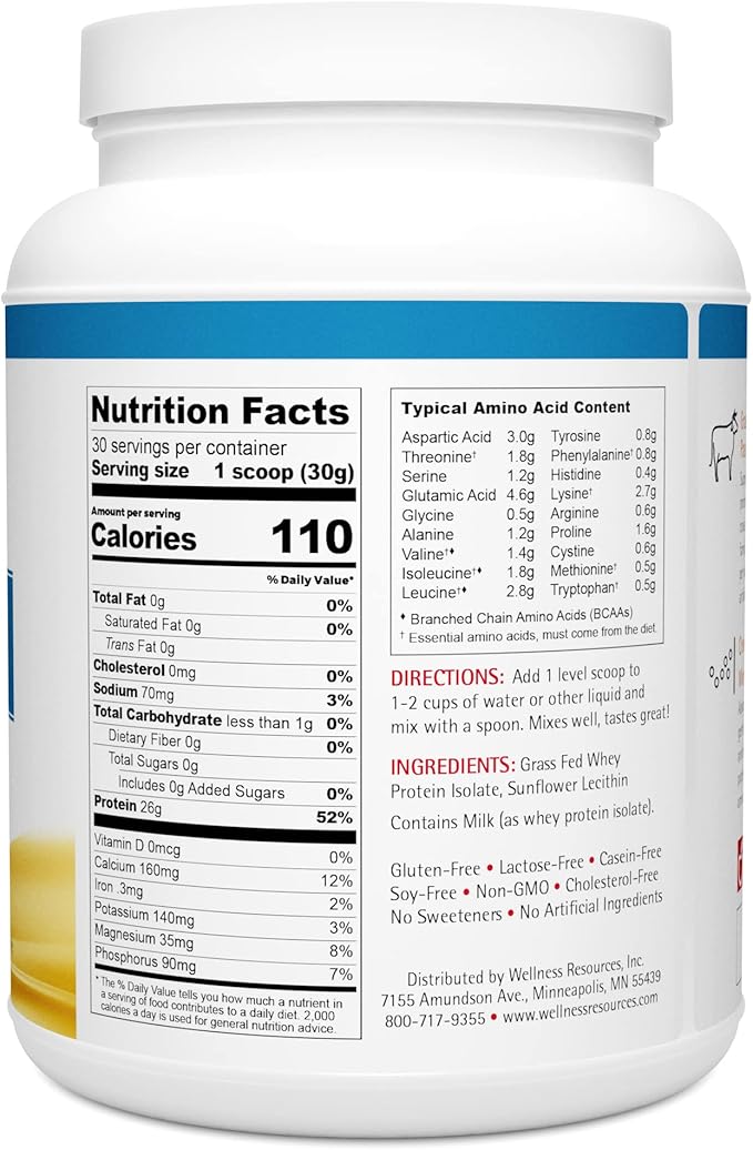 Wellness Resources Daily Protein Unflavored - Grass Fed Pasture Raised Bioactive Whey Protein Isolate - Soy-Free Gluten-Free - (2 lbs)