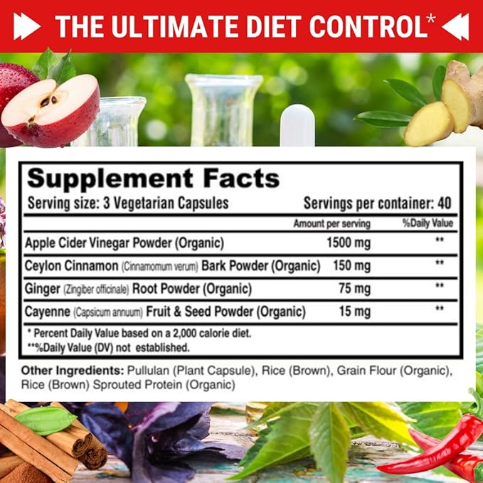 FRESH HEALTHCARE Apple Cider Vinegar Capsules with The Mother - 1740mg Non-GMO Gluten Free ACV Complex with Ceylon Cinnamon Ginger &amp Cayenne for Digestion Support &amp Healthy Living - 120 Vegan