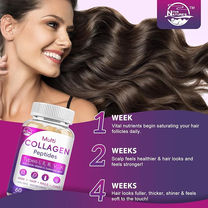 Multi Collagen Peptides Softgel - Type I II III V X - Hydrolyzed Collagen Peptides with Biotin Vitamin C Hyaluronic Acid Supports Skin Hair Nail Grass-Fed Non-GMO 60 Softgel 3 Pack