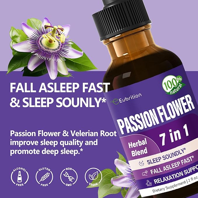 Passion Flower Sleep Support Liquid Drops Natural Herbal Formula with Valerian Root Chamomile Extract Support Sleep Soundly &amp Relaxation. High Bioavailability Supplement.4oz
