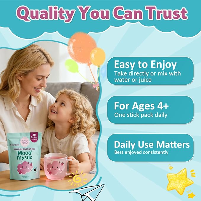 Saffron for Kids – Natural Mood Magic Pixie Stick Powder with Saffron Extract Magnesium Citrate L-Tryptophan &amp Vitamin D3 | Sugar-Free Fruity Drink Mix | 30 Sticks | Ages 4+