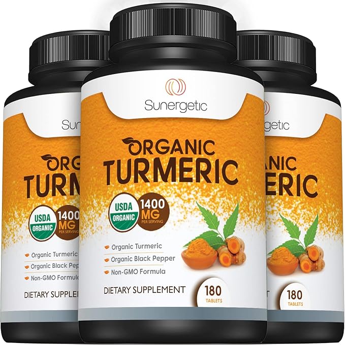 Sunergetic USDA Certified Organic Turmeric Supplement – Includes Organic Turmeric &amp Organic Black Pepper – 1400mg of Turmeric per Serving - 180 Count (Pack of 1)