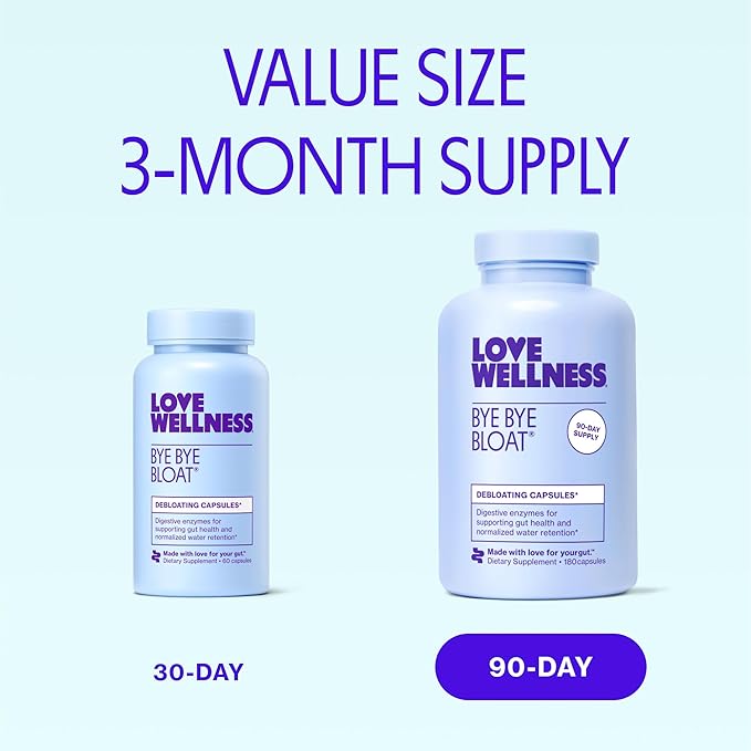 Love Wellness Bye Bye Bloat Digestive Enzymes | Bloating Relief for Women | Help Reduce Gas Relief &amp Water Retention | Supports Digestive Health with Fenugreek &amp Dandelion | 180 Count