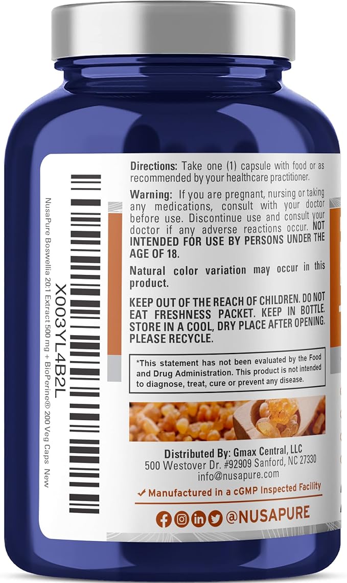 NusaPure Boswellia Serrata 10000 mg Per Veggie Caps 200 Count (Ext. 20:1 Non-GMO Vegan Bioperine) Ayurvedic Herb: Indian Olibanum Frankincense