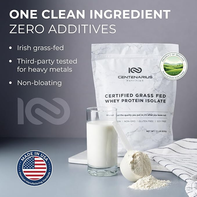 Premium Whey Protein Isolate Powder 500g Unflavored Irish Grass-Fed 27g Protein per Serving for Muscle Growth &amp Recovery Non-Bloating Gluten &amp Lactose Free Clean Ingredients | Centenarius N