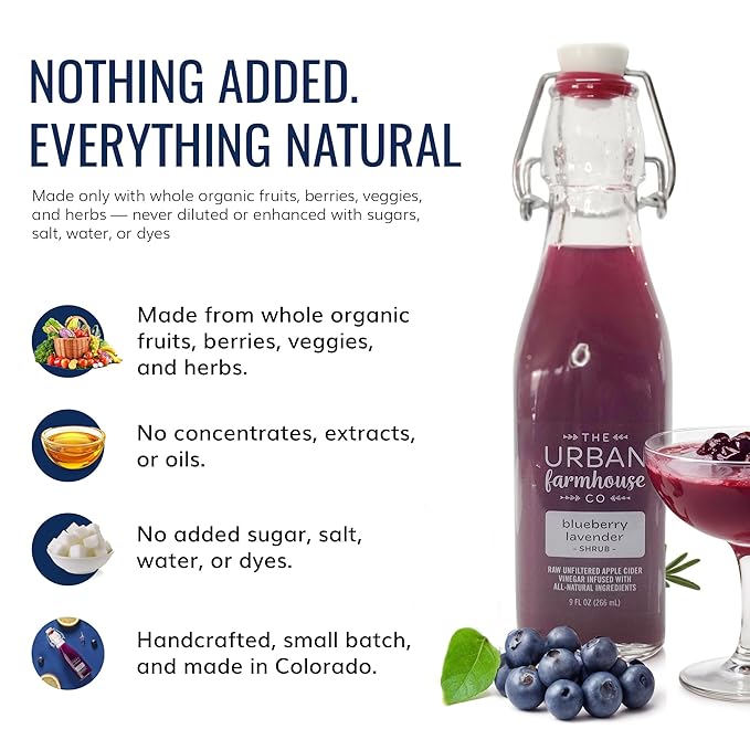 The Urban Farmhouse Co. Organic Vinegar Shrub – Blueberry 9 oz Bottle – Small Batch Drinking Vinegar with Apple Cider Vinegar &amp Whole Berries – Cocktail Mixer Gut Health Tonic No Sugar Added