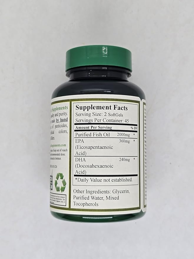 Green Organic Supplements Purified Triple Strength Omega 3 Fish Oil