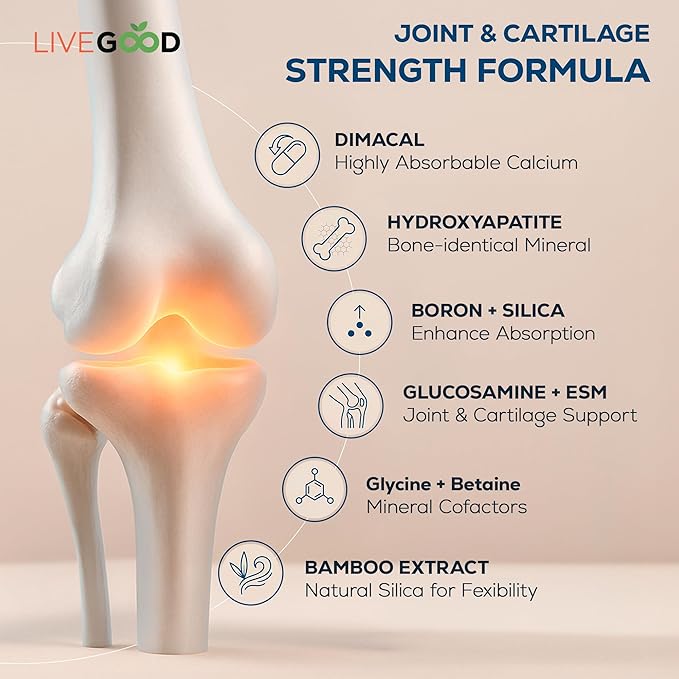 LiveGood Osteo Complete Bone and Joint Support with Highly Absorbable Calcium Glucosamine Eggshell Membrane Boron and Silica for Bone Density Flexibility and Mobility (90 Capsules)