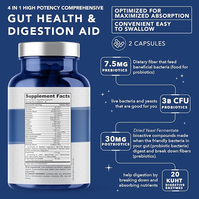 4-in-1 Gut Health Support – Prebiotics + Probiotics + Postbiotics + Digestive Enzymes – DE111 Spore Probiotic for Digestive Support &amp Bloating – Non-GMO Made in USA – 60 Veggie Capsules