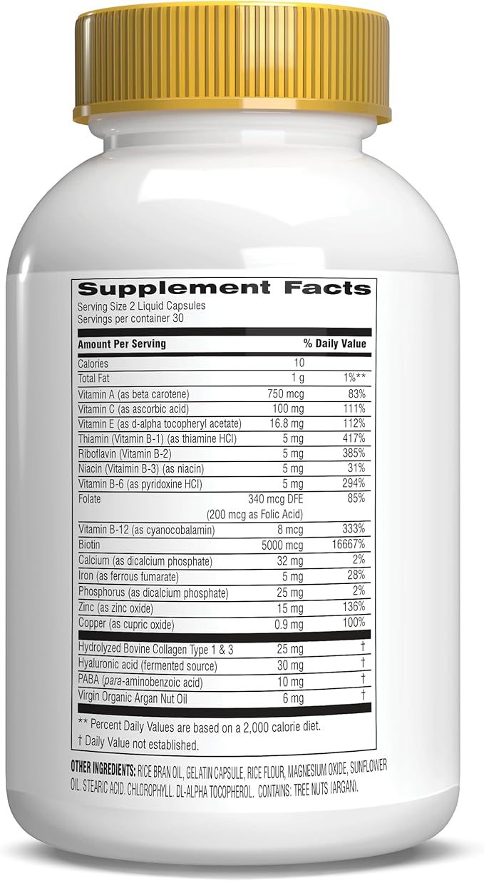 Botanic Choice Hair Skin and Nails Vitamins - Biotin Supplement with Collagen Vitamin C &amp Iron - Super Antioxidant Blend with Argan Oil &amp Hyaluronic Acid - 60 Liquid Capsules