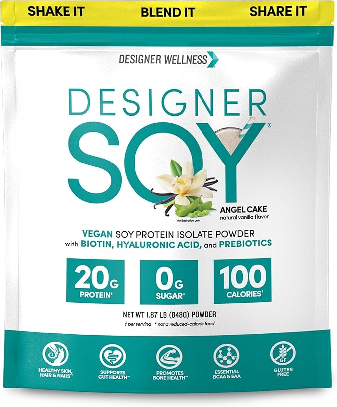 Designer Wellness Soy Isolate Protein Powder with Biotin Hyaluronic Acid and Prebiotics Vegan 0 Sugar Non-GMO Angel Cake Vanilla 1.87 lb
