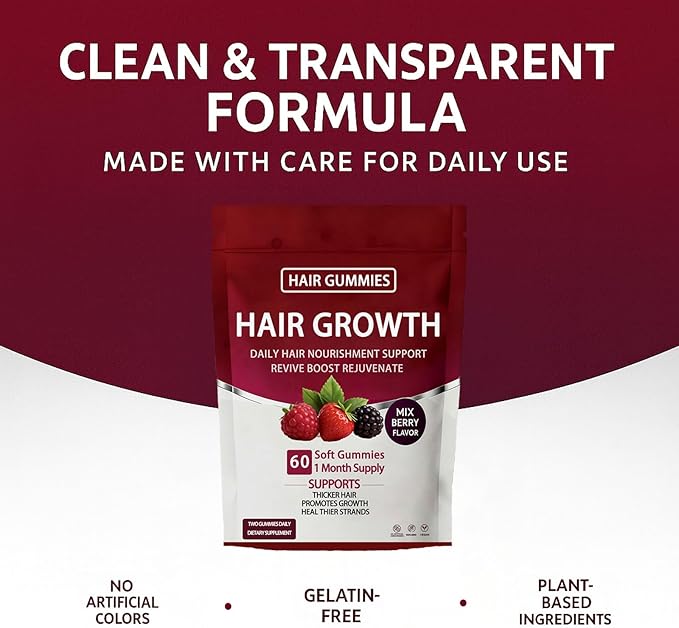 Lumin Hair Growth Gummies – Daily Hair Nourishment with Biotin Collagen &amp Botanical Extracts – Supports Thicker Stronger &amp Healthier-Looking Hair – Mixed Berry Flavor 60 Gummies (1)