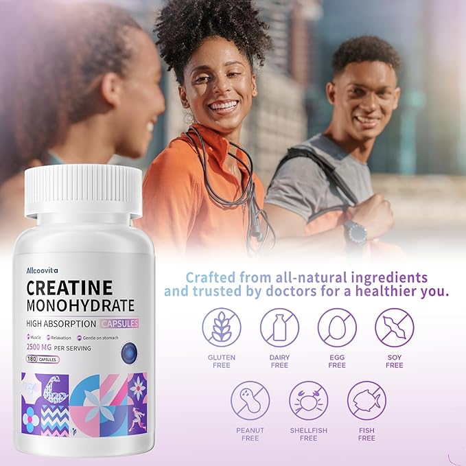 Creatine Monohydrate Capsules -3 Creatine Capsules per Serving 2500mg Gluten Free 180 Capsules