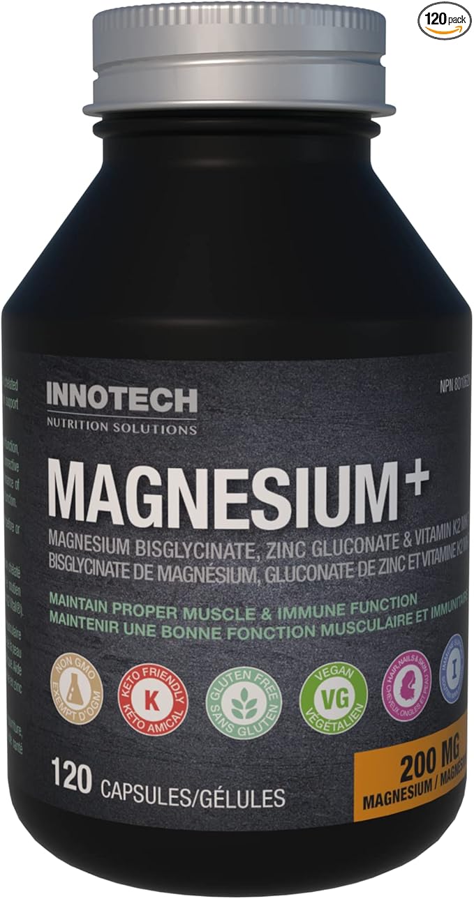 INNOTECH Nutrition Magnesium + 120 Capsules - Contains Magnesium Bisglycinate Zinc Gluconate &amp Vitamins K2 MK-7 - Maintain Proper Muscle &amp Immune Function