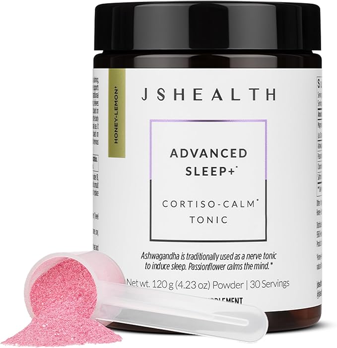 JSHealth Advanced Sleep Plus Powder - Sleep Aid with Precision-Dosed Passionflower Ashwagandha &amp Magnesium Glycinate Dihydrate - Sleep Supplement for Adults - Delicious Honey-Lemon Flavor 30 Ser