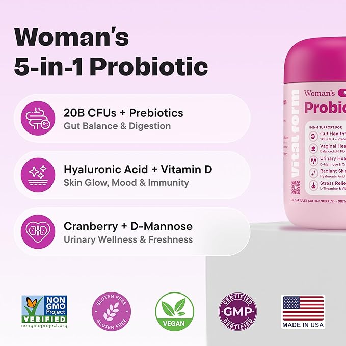 Women’s Probiotic 20 Billion CFU – 5-in-1 Daily Support for Digestive Vaginal &amp Urinary Health – with Cranberry D-Mannose Prebiotics &amp Hyaluronic Acid – 30 Capsules