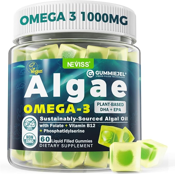 Vegan Omega-3 Gummies for Adults Fish Oil Alternative from Algae Oil Plant Based DHA 460mg &amp EPA 230mg Plus MethylFolate Vitamin B12 Phosphatidylserine No Fishy Taste Vegan Sugar Free 60 C