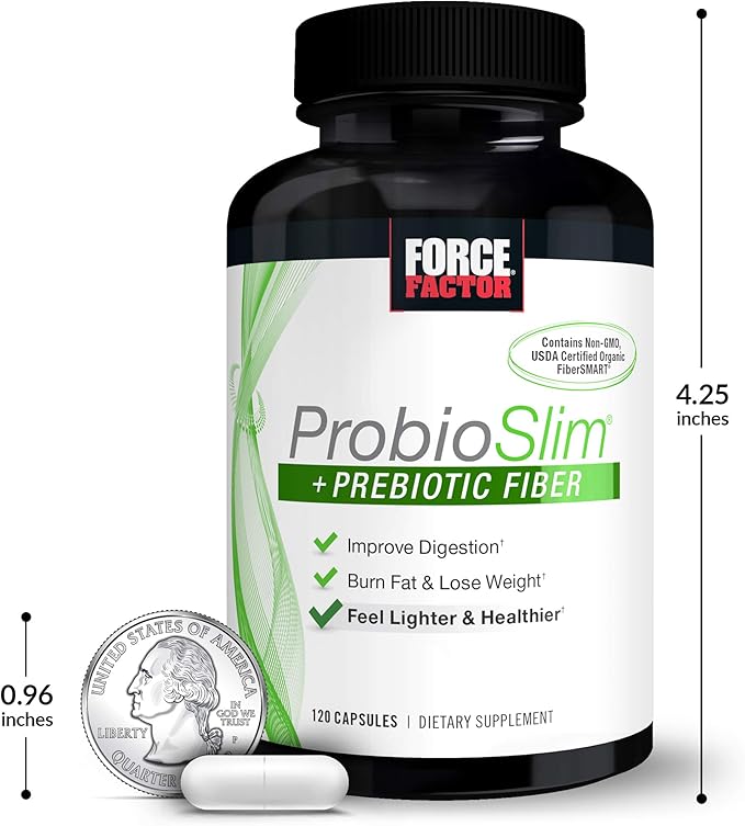 Force Factor ProbioSlim + Prebiotic Fiber Weight Loss Supplement for Women and Men Probiotic and Prebiotic Digestive Health Support with Green Tea Extract and Psyllium Husk Fiber 120 Capsules
