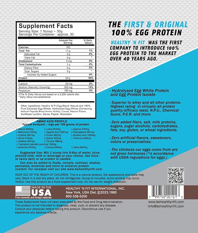 Healthy 'N Fit 100% Egg Protein- Heavenly Chocolate (2lb): 100% Egg White Protein -Plus Natural Peptides. Ultra Pure Natural Egg Protein Isolate