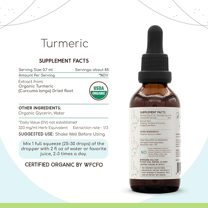 HerbEra Turmeric B60 USDA Organic Tincture | Alcohol-Free Extract High-Potency Herbal Drops | Certified Organic Turmeric (Curcuma Longa) Dried Root (2 oz)