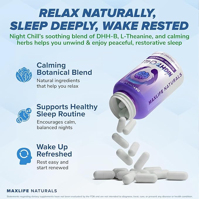 Night Chill Sleep Supplement – 60 Capsules - Restful Sleep Support with DHH-B from Magnolia Bark and L-Theanine Supplement - Stress Calm Mood Support - Sleeping Pills for Adults by MaxLife Naturals