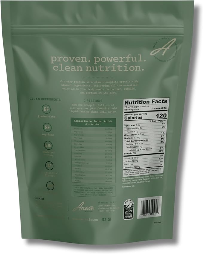 Anea Whey Protein Isolate - Mint Chocolate Chip | 26g Protein | 5.8g BCAAs | 2g Carbs| Complete Amino Acids | Gluten-Free Soy-Free | Lean Muscle &amp Recovery | Made in GMP Facility